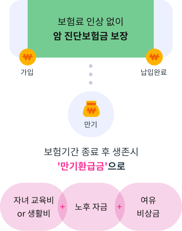 보험료 인상 없이 암 진단보험금 보장 보험기간 종료 후 생존시 만기환급금으로